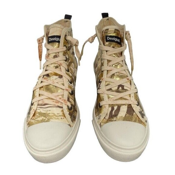 Desigual Elefante Canvas Wedge Sneakers Metalic Print Gold Fun Artsy Street 7.5 - Picture 2 of 13